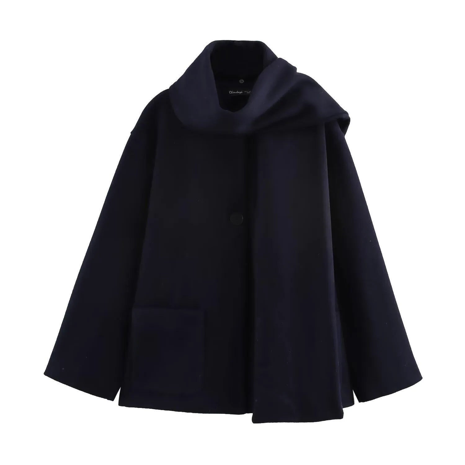 Women's long black polyester overcoat with a grey artificial fur collar, shown at full length.