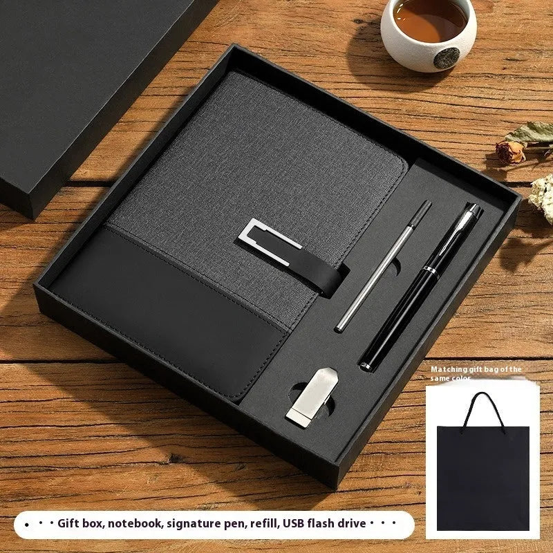 A5 leather notebook in choice of colours with gift box, open to show wood-free paper.