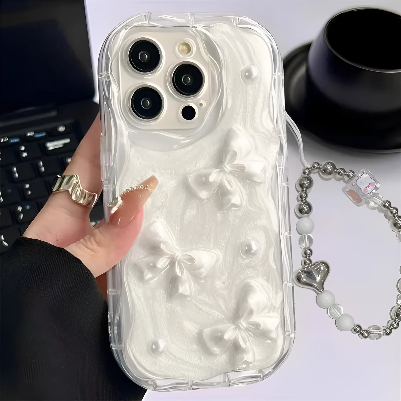 Transparent silicone phone case with epoxy love heart bow tie decoration for Apple iPhone