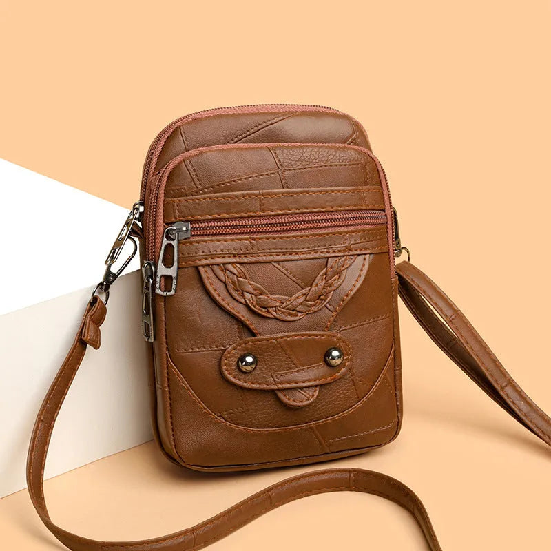 Soft PU leather retro mobile phone bag with weaving, rivets, and splicing in brown, black, pink, or water blue