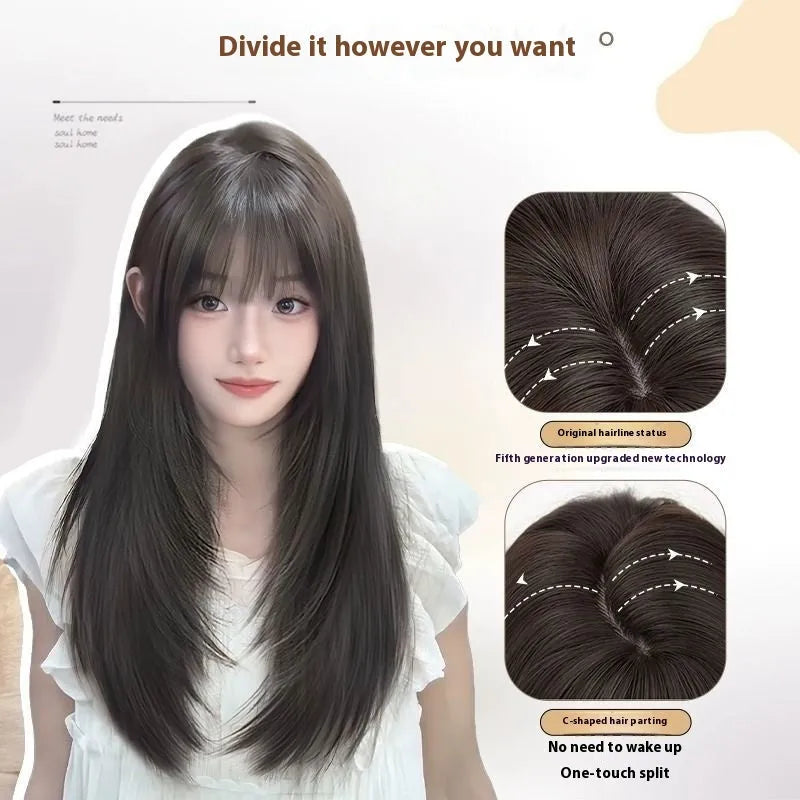 Full-head black straight layered synthetic wig with adjustable straps and natural-looking bangs
