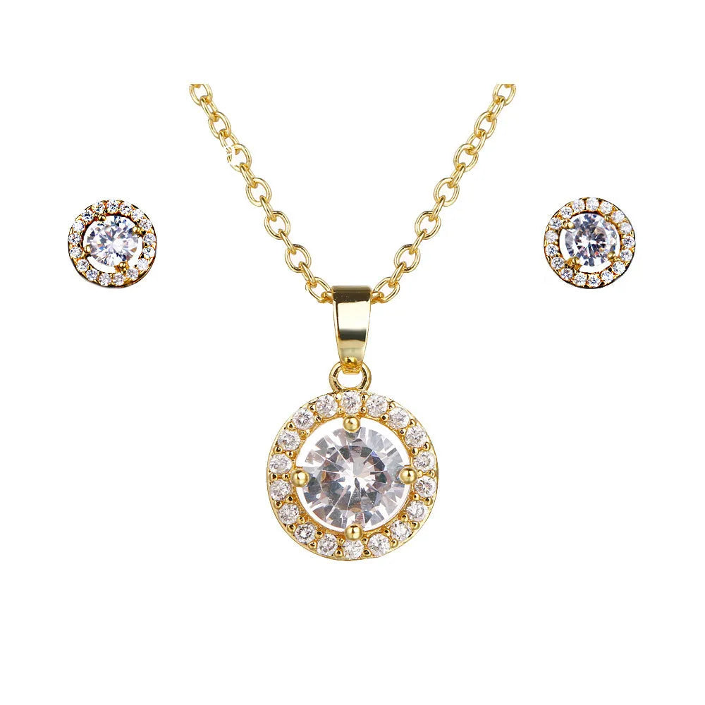 Women's simple round zircon inlaid clavicle chain necklace and earrings set in gold, silver, and rose gold