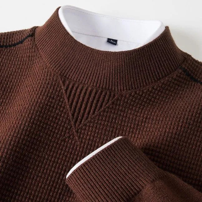Men's wavy patterned pullover sweater in light green with stand collar and cotton lining