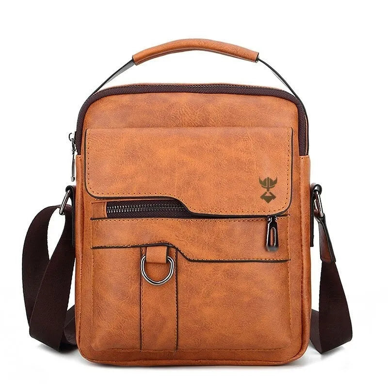 Khaki PU leather men's shoulder bag shown as a diagonal messenger briefcase.
