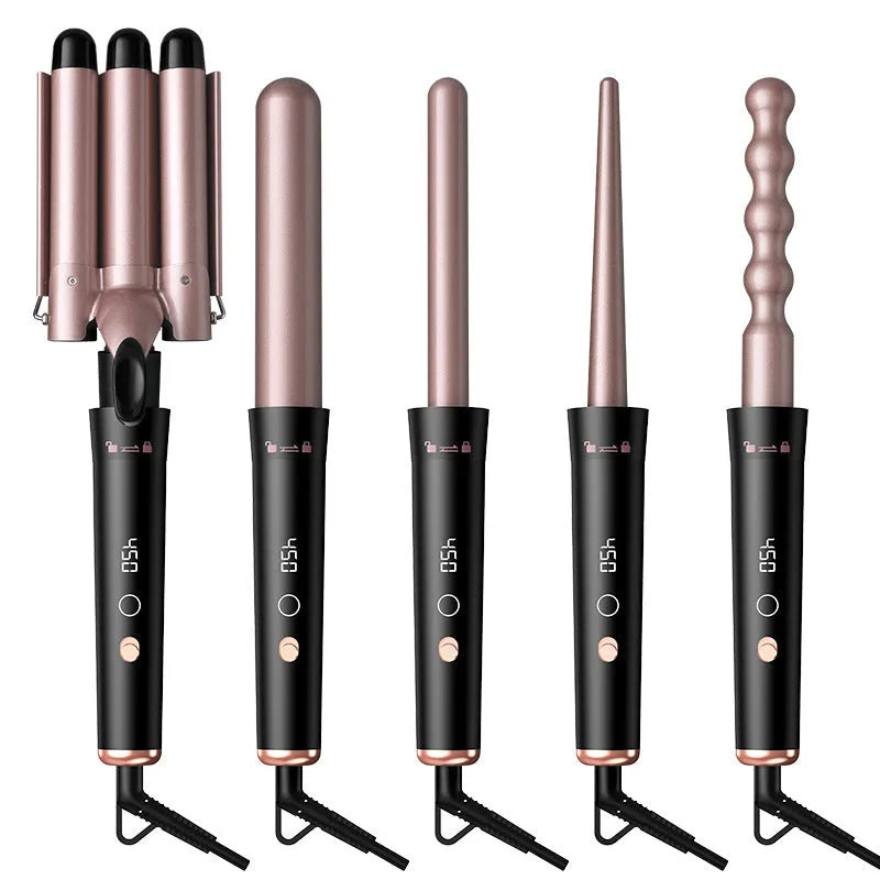 Rose gold five-in-one hair curler with negative ion technology and LCD display