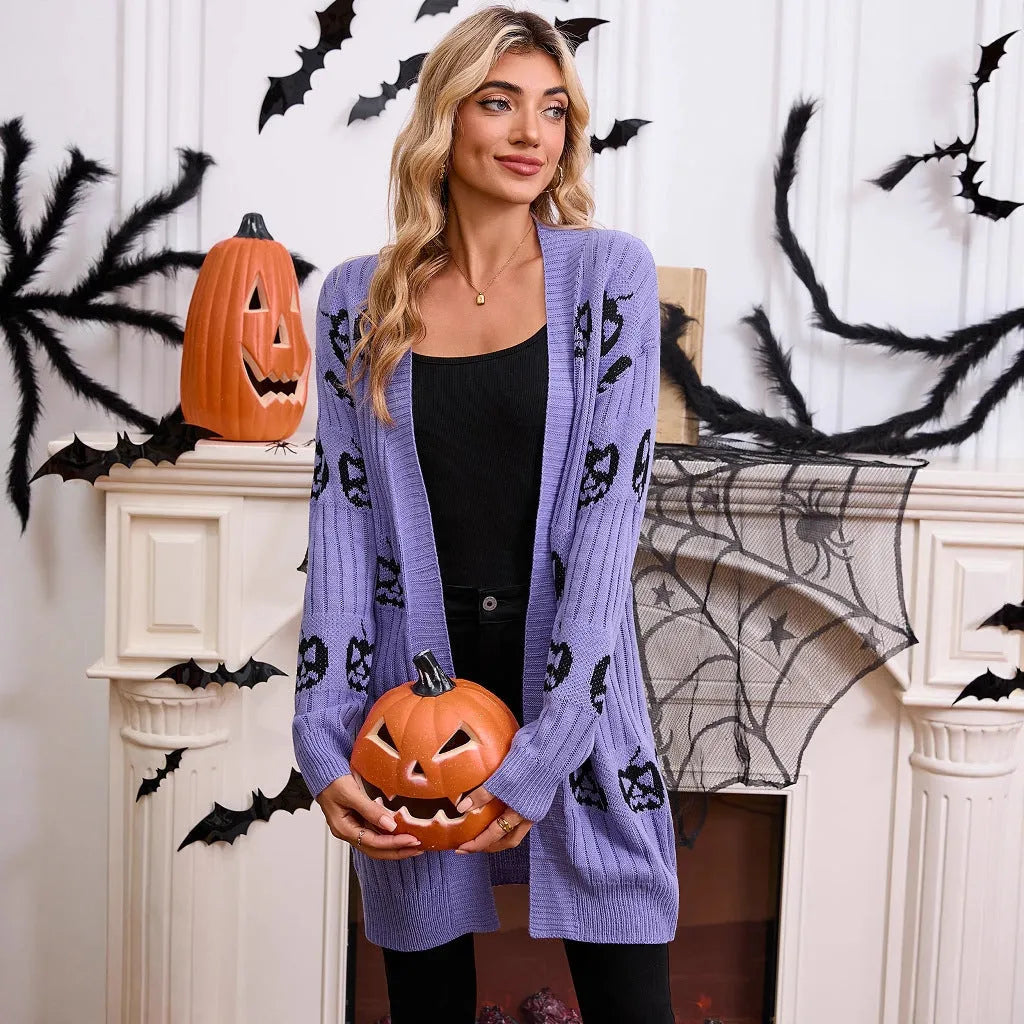 Women's Halloween pumpkin head Jacquard knitted cardigan sweater in straight fit