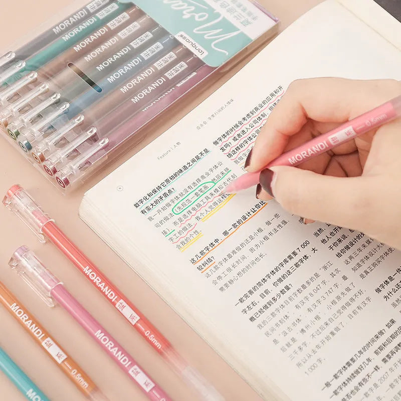Set of nine solid colour gel pens with 0.5mm needle tips, packaged in a compact box.