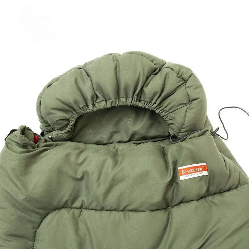 Ochre and olive green ultra-light cotton camping sleeping bag laid out flat.
