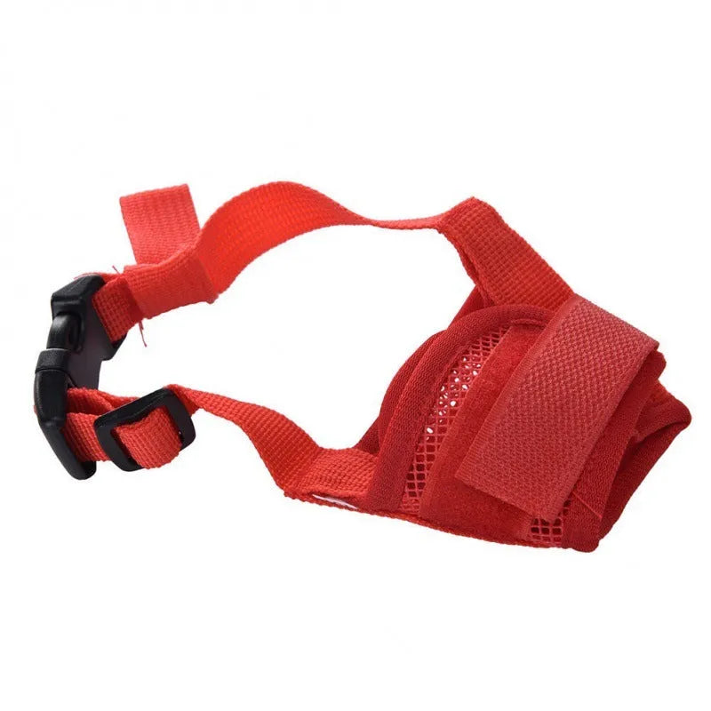 Adjustable plastic dog safety muzzle shown in multiple colours with size chart for S, M, L, XL, XXL.