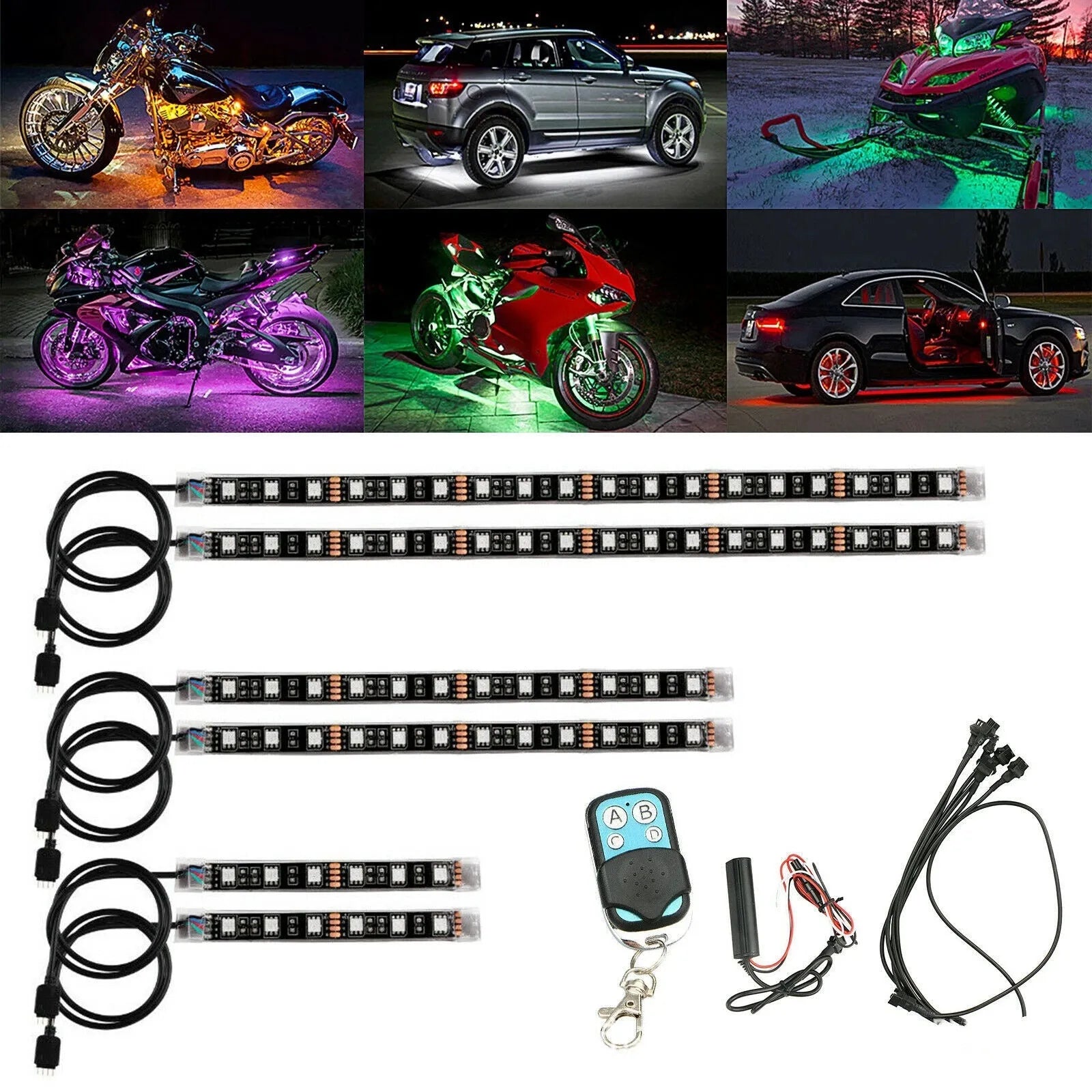 Black silicone RGB LED light bar with wireless remote control for motorcycle and car atmosphere lighting