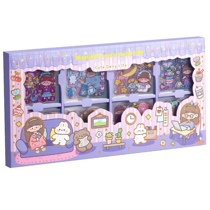 Children's sticker notebook box showing five colourful themes: Cute Meatballs, Peach Tea Party, Star Team, Nini Diary