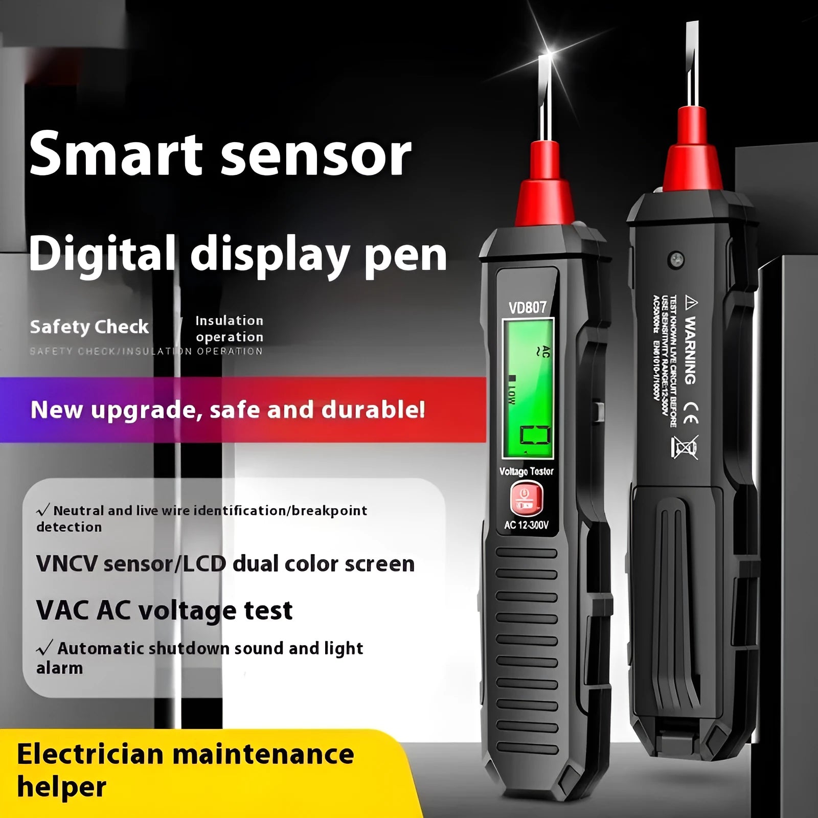 Black digital voltage testing pen with LCD screen showing voltage reading, used for zero line detection.