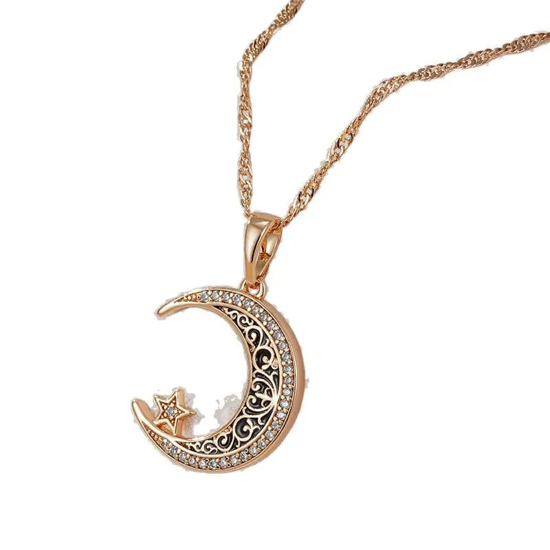 Rose gold star moon necklace with zircon pendant and adjustable chain