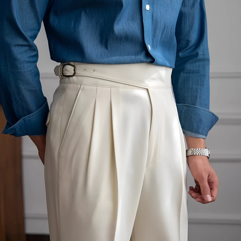Men's high-waist straight-leg casual trousers in black, shown front and back.