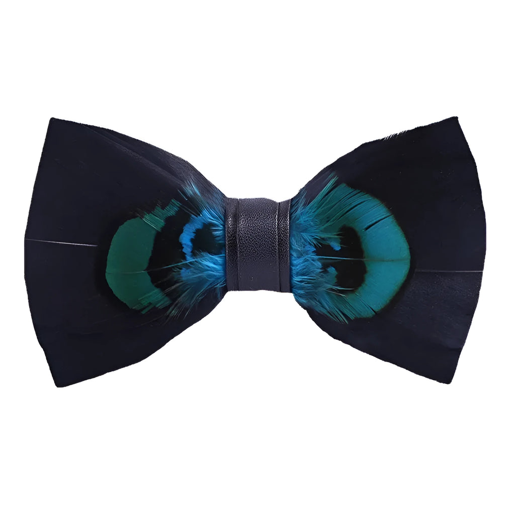 Handmade feather bow tie in polyester yarn, flat head style, 12cm x 6cm, unisex adult size