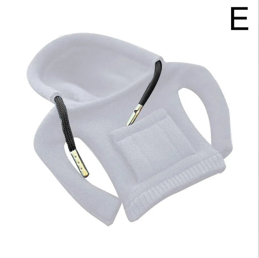 Cloth gear shift knob hoodie cover shown in multiple colours next to a car gear lever.