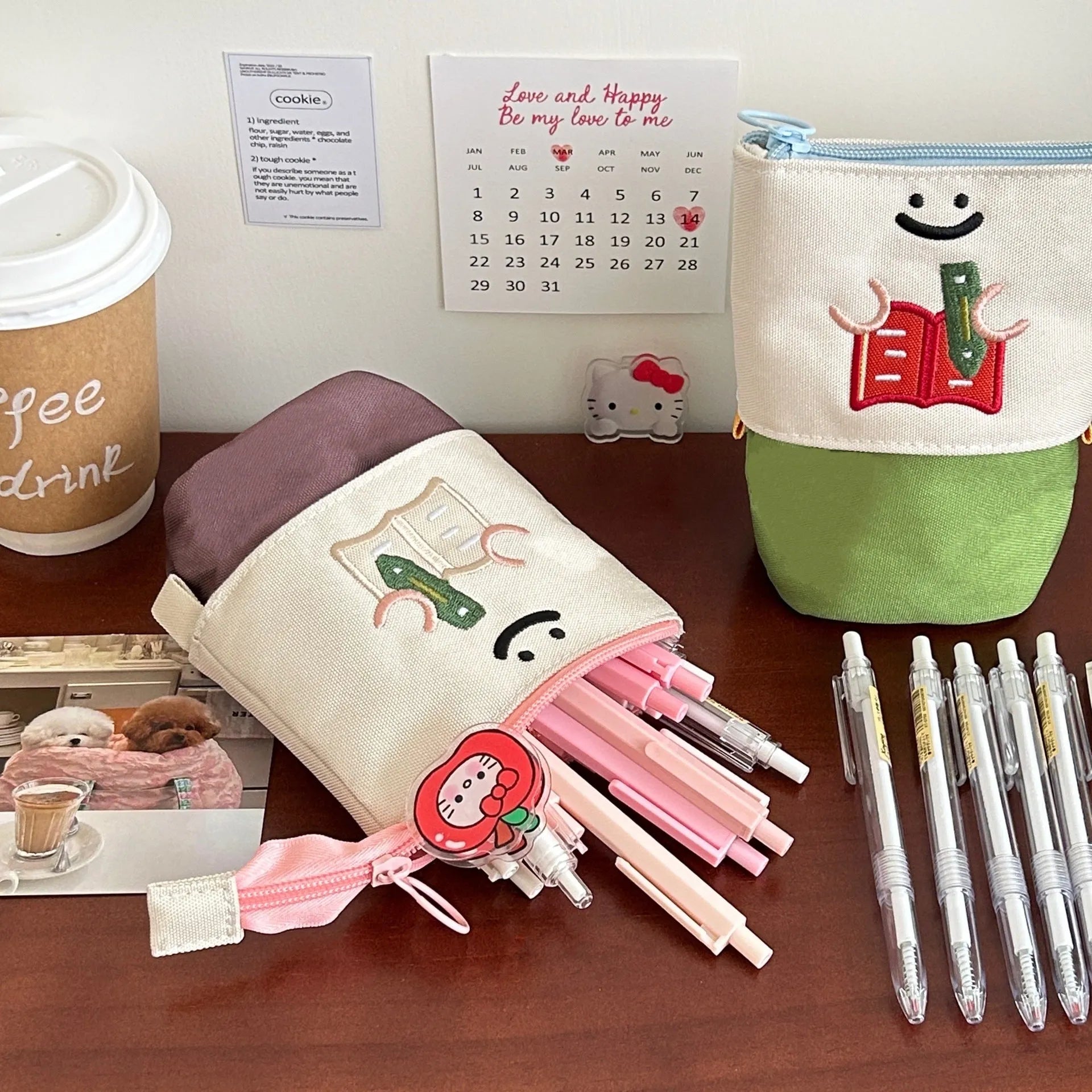 Brown Korean-style cartoon collapsible pencil case made from Oxford fabric, shown open and closed.