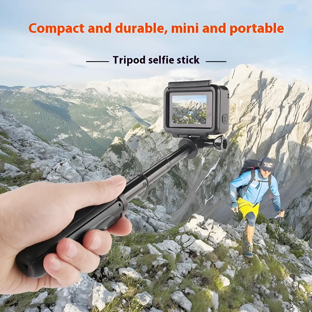 Mini telescopic selfie stick tripod expanded to full height with smartphone attached, ABS silicone, available in four colours