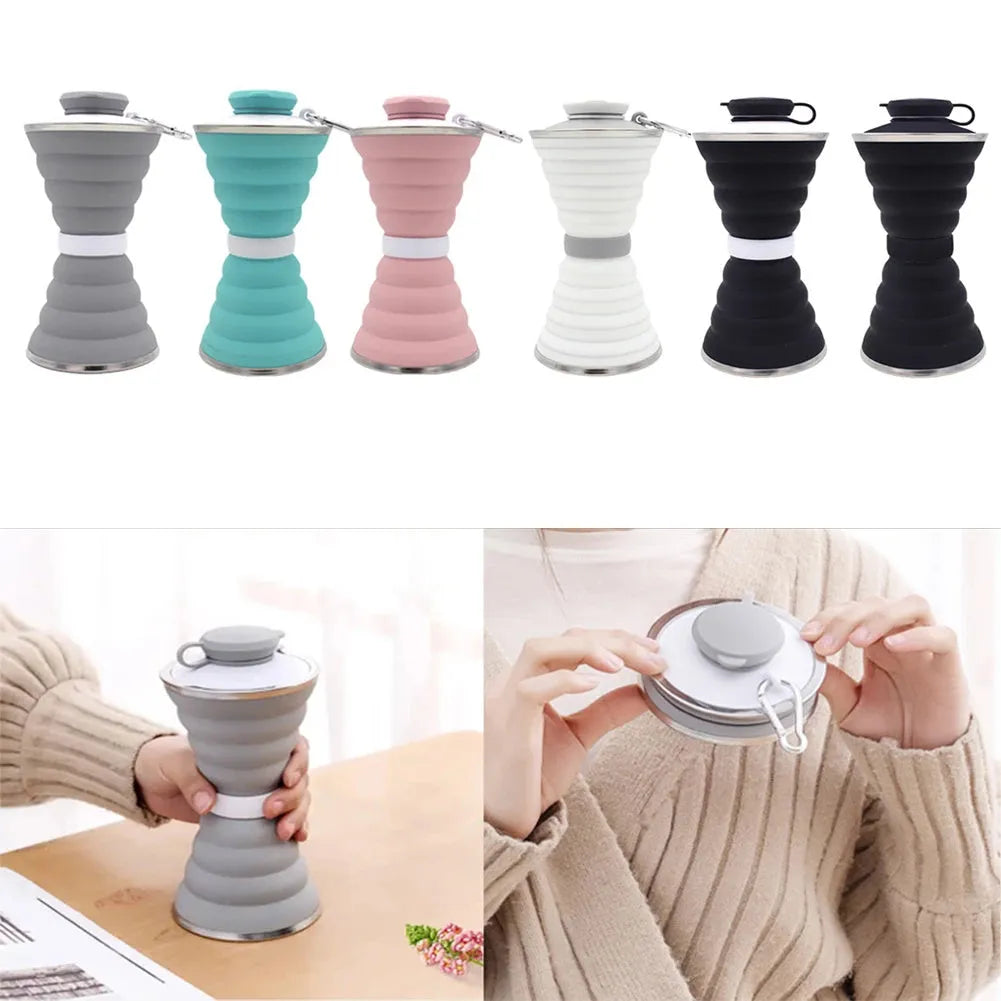 Collapsed and unfolded 500ml silicone travel cup in various colours with lid and carry hook