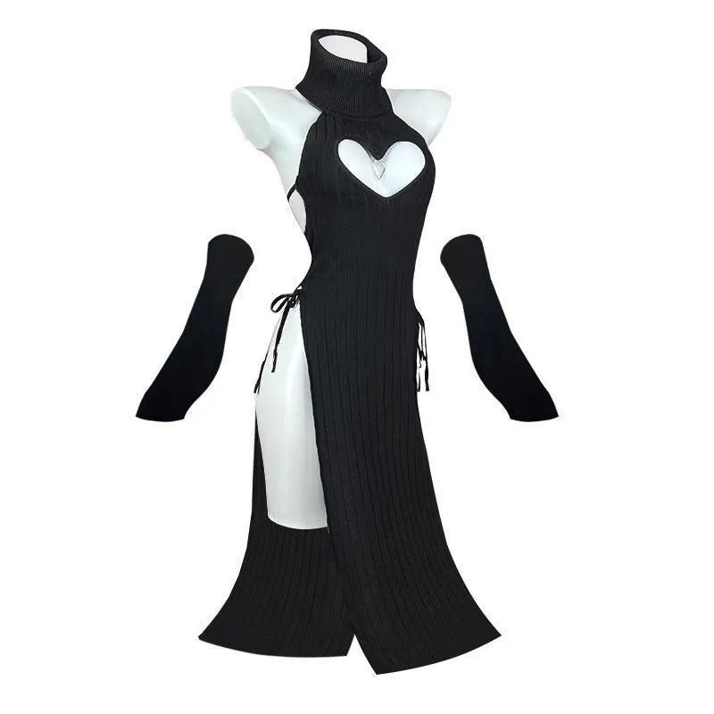 Women's solid colour fleece lined Lycra cheongsam dress with heart-shaped high-neck for casual wear