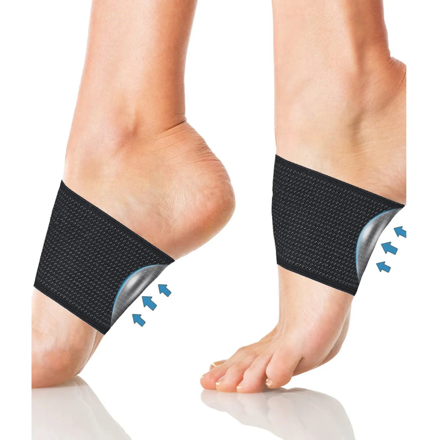 A pair of PU elastic arch support foot bandages, showing heart style and ordinary style patterns.