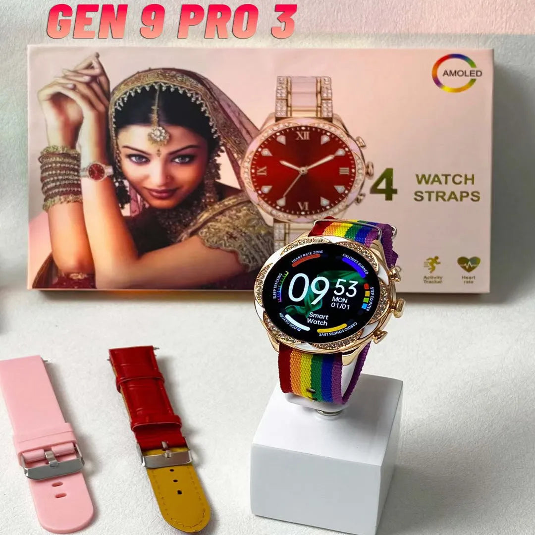 Ladies smartwatch with heart rate and blood pressure monitor, black colour, with four interchangeable watchband options