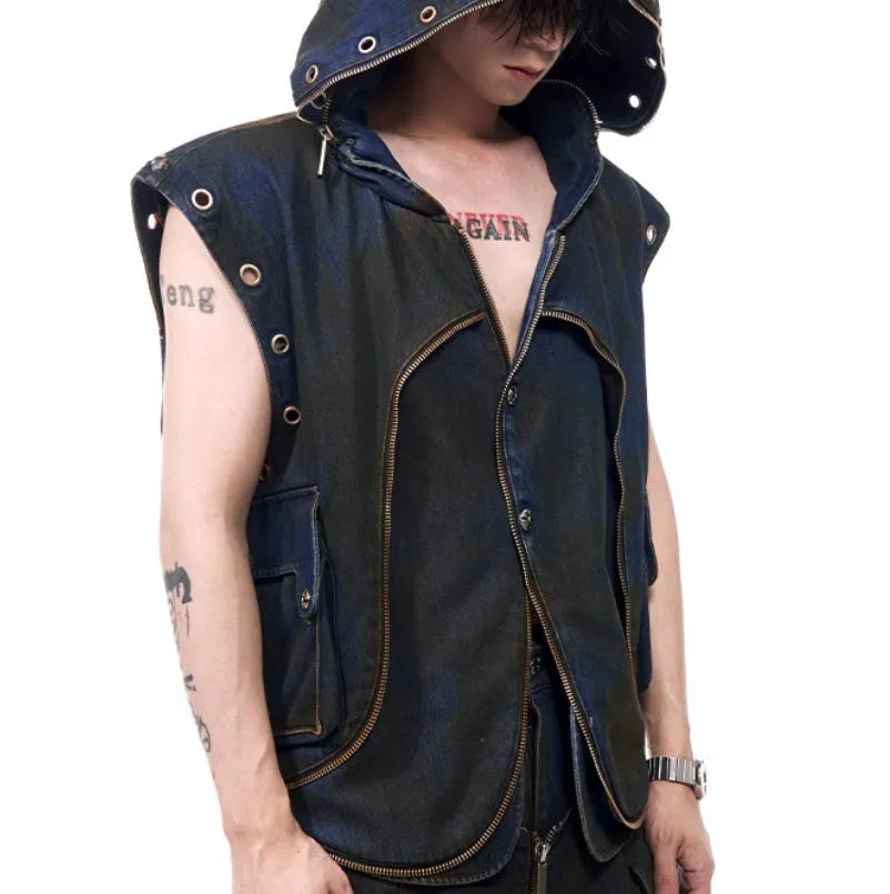 Blue hooded denim vest and matching trousers co-ord set with zip front closure