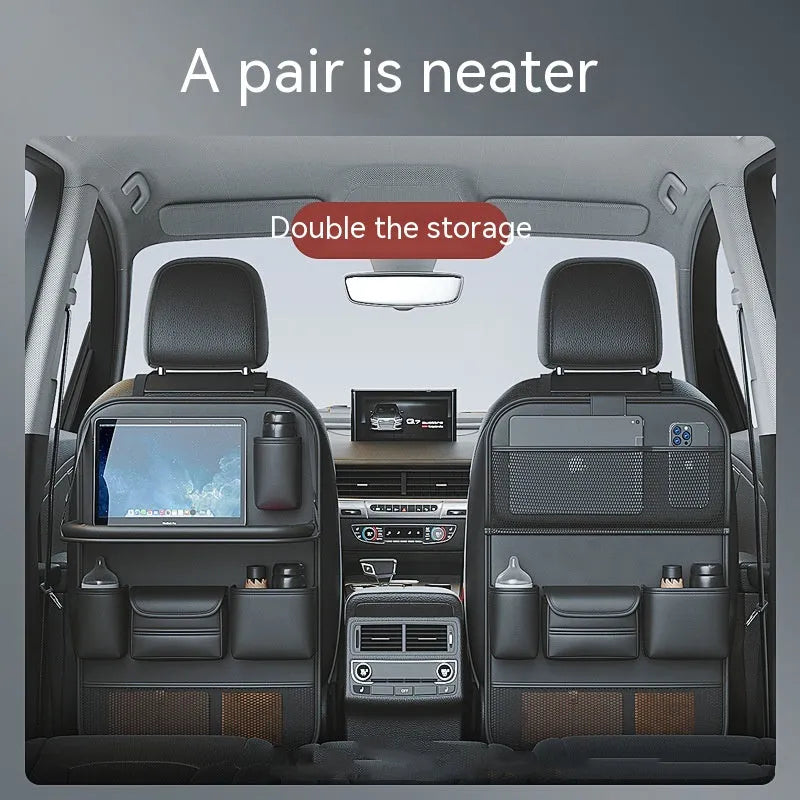 Car seat lazyback storage bag in obsidian black with foldable dining table and leather finish