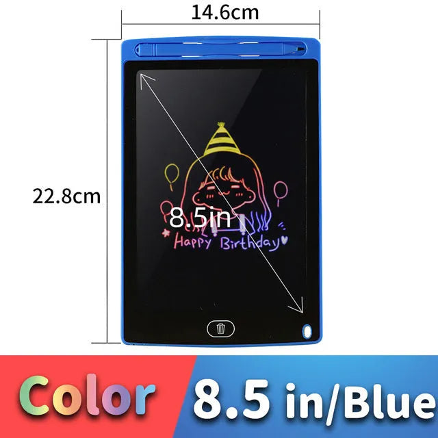 LCD drawing tablet for children with plastic stylus, shown as a light energy writing board in multiple sizes and colours
