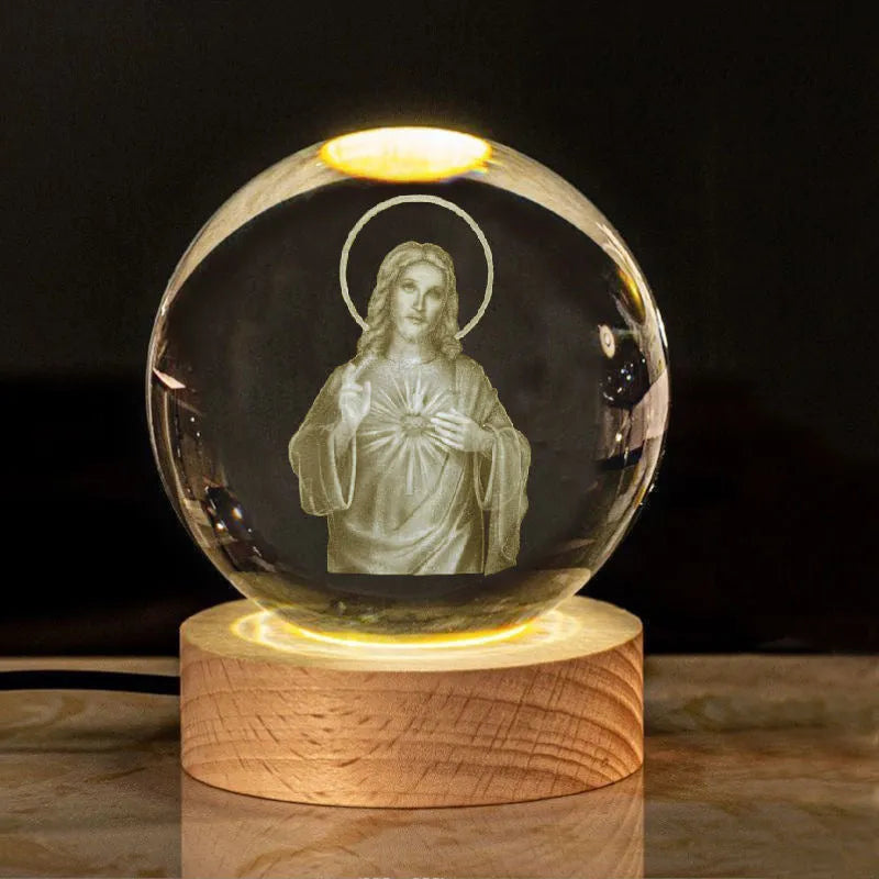 6cm white crystal religious ornament on wooden base with warm lighting