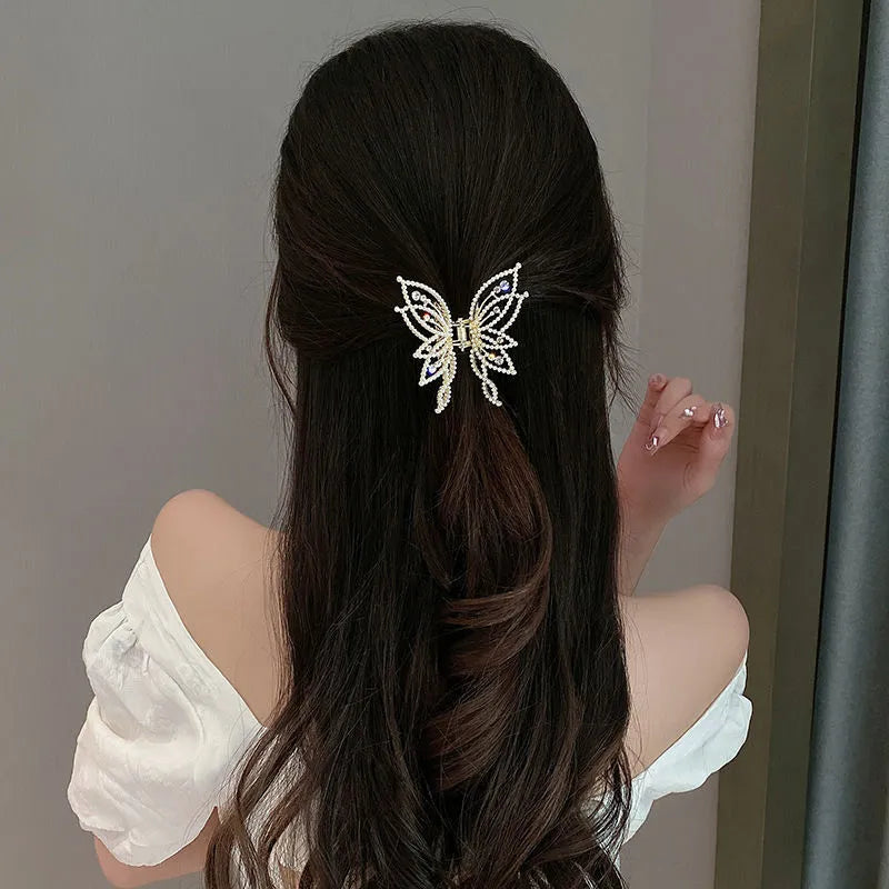 Butterfly hair clips barrettes for women with alloy construction in rhinestone and pearl styles
