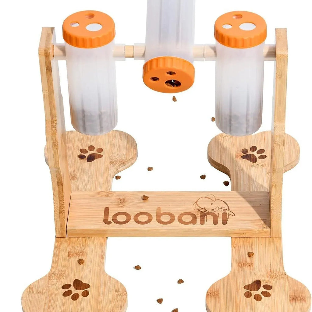 Wooden dog puzzle toy feeder with interactive compartments measuring 31x30x20cm