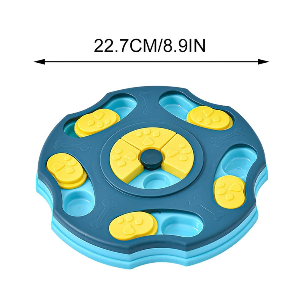 Blue plastic dog puzzle feeder bowl with interactive games for aggressive chewers