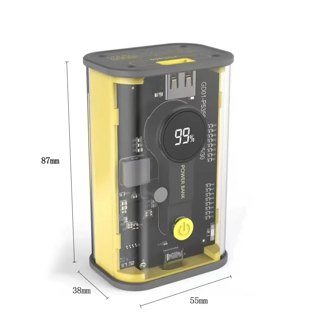 Transparent industrial power bank showing internal components with 10000mAh capacity and multiple USB ports