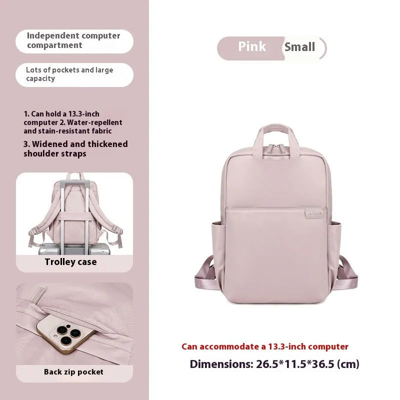 Large nylon women's travel backpack in apricot colour showing internal laptop compartment and multiple pockets.