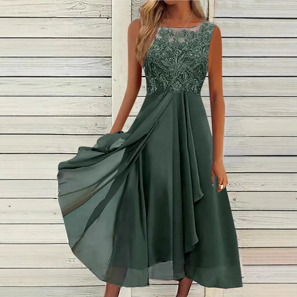 Women's sleeveless stitching lace and chiffon dress in blue, green, or purple, showing midi length and princess style.