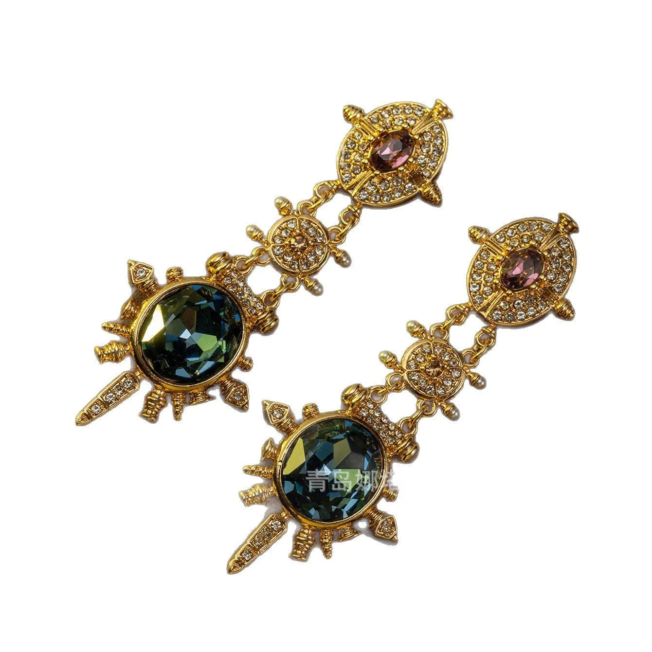 Gold geometric court style stud earrings with retro design and round elements