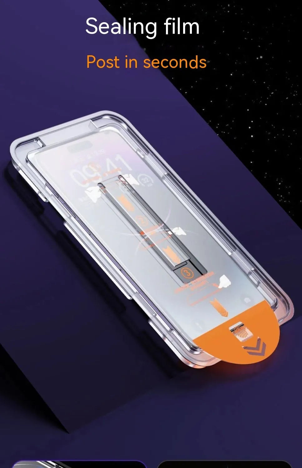 iPhone tempered glass screen protector with dust-free warehouse design showing HD and privacy options