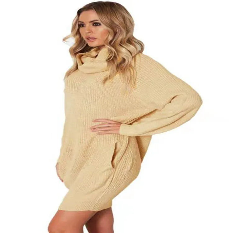Women's lapel neck mid-length sweater with side pockets in loose slim fit available in yellow, black, and light apricot