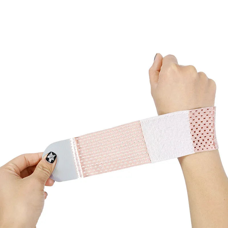 High elasticity breathable athletic wristguard for wrist support in black, grey, and pink.