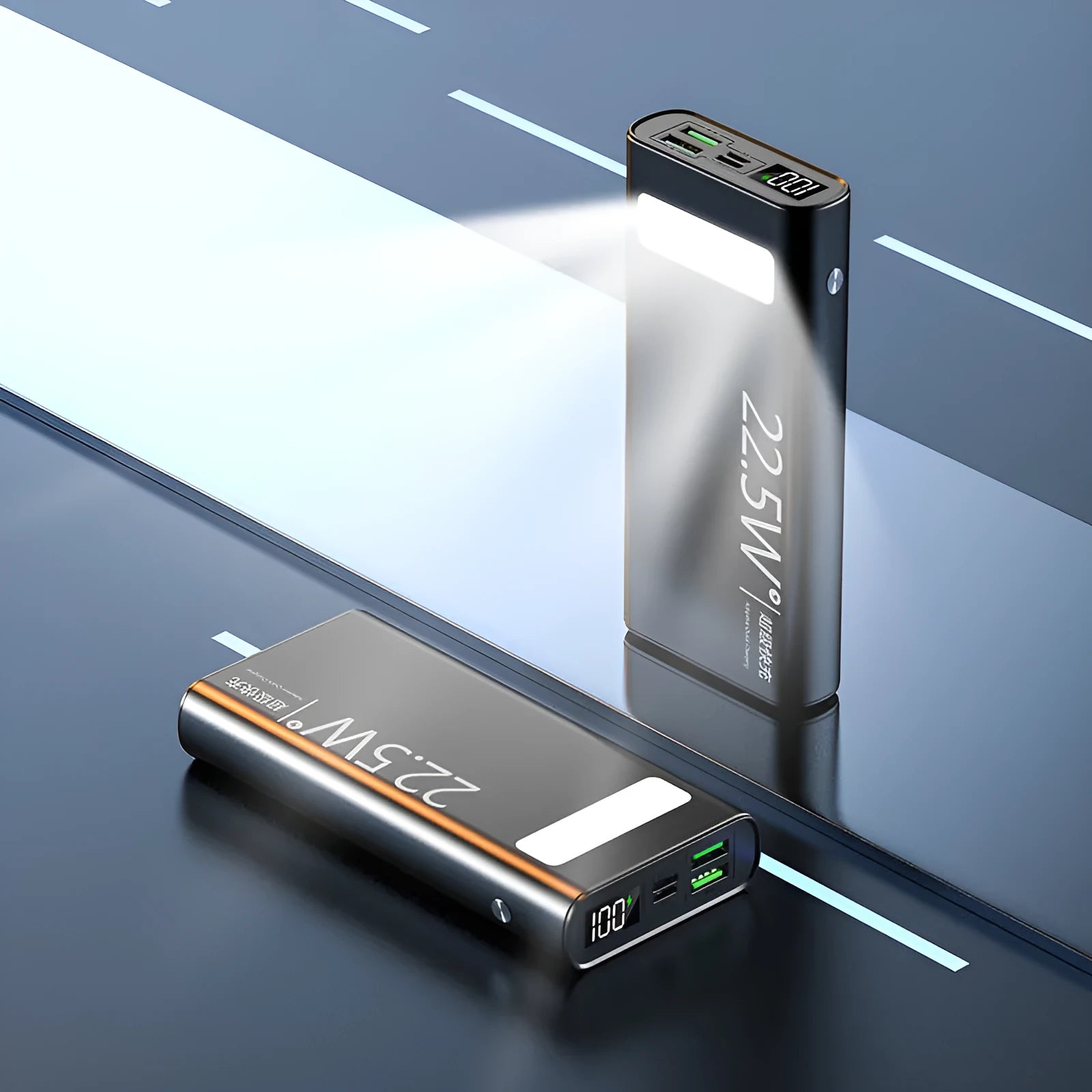 Alloy 22.5W super fast charging 20000mAh power bank in black, showing LCD display and compact size.