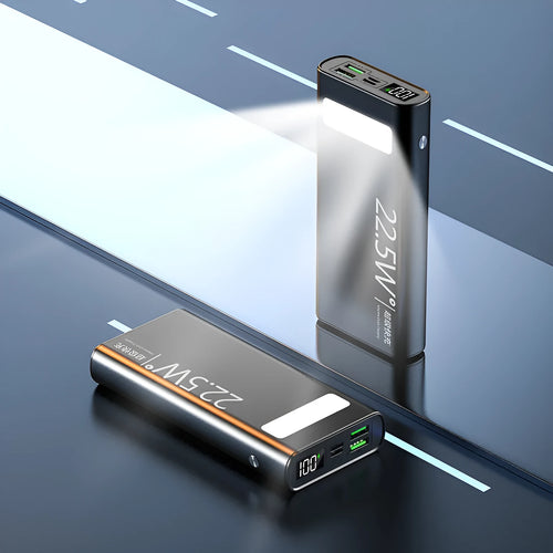 Alloy 22.5W super fast charging 20000mAh power bank in black, showing LCD display and compact size.