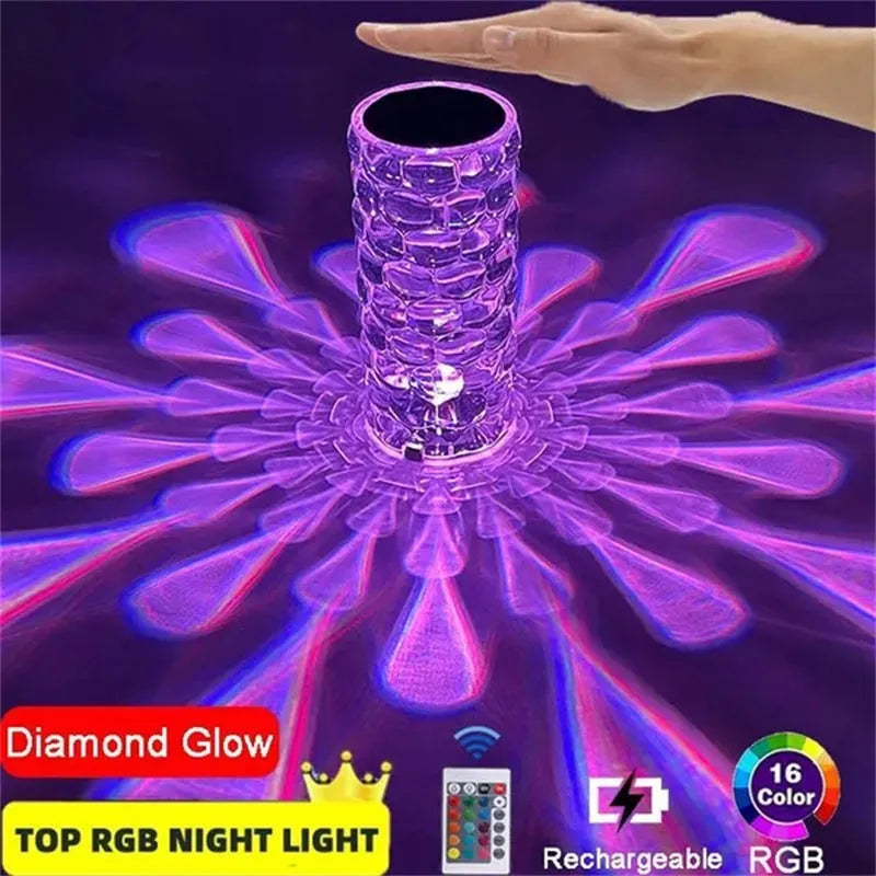 Crystal table lamp teardrop shape rechargeable night light with acrylic shade and touch control on bedside table creating warm glow