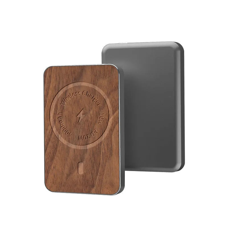 Khaki-coloured aluminium magnetic wireless power bank showing USB port and dimensions.