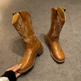 Brown women's mid-calf embroidered Martin boots with leather lining and square heel