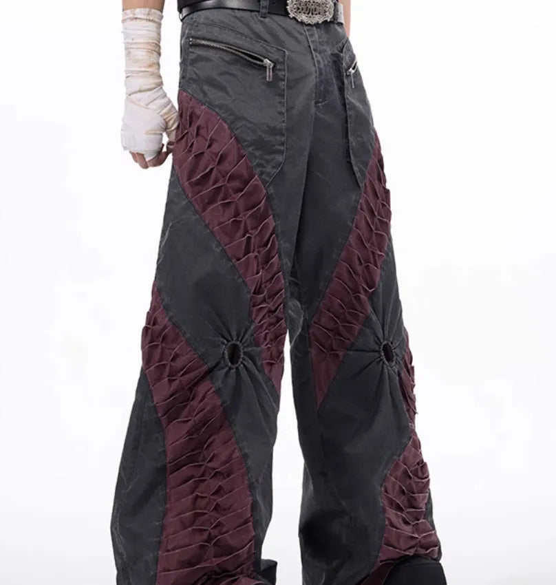 Retro three-dimensional keel casual sports pants in grey rayon viscose fabric, showing tight fit and straight hem.