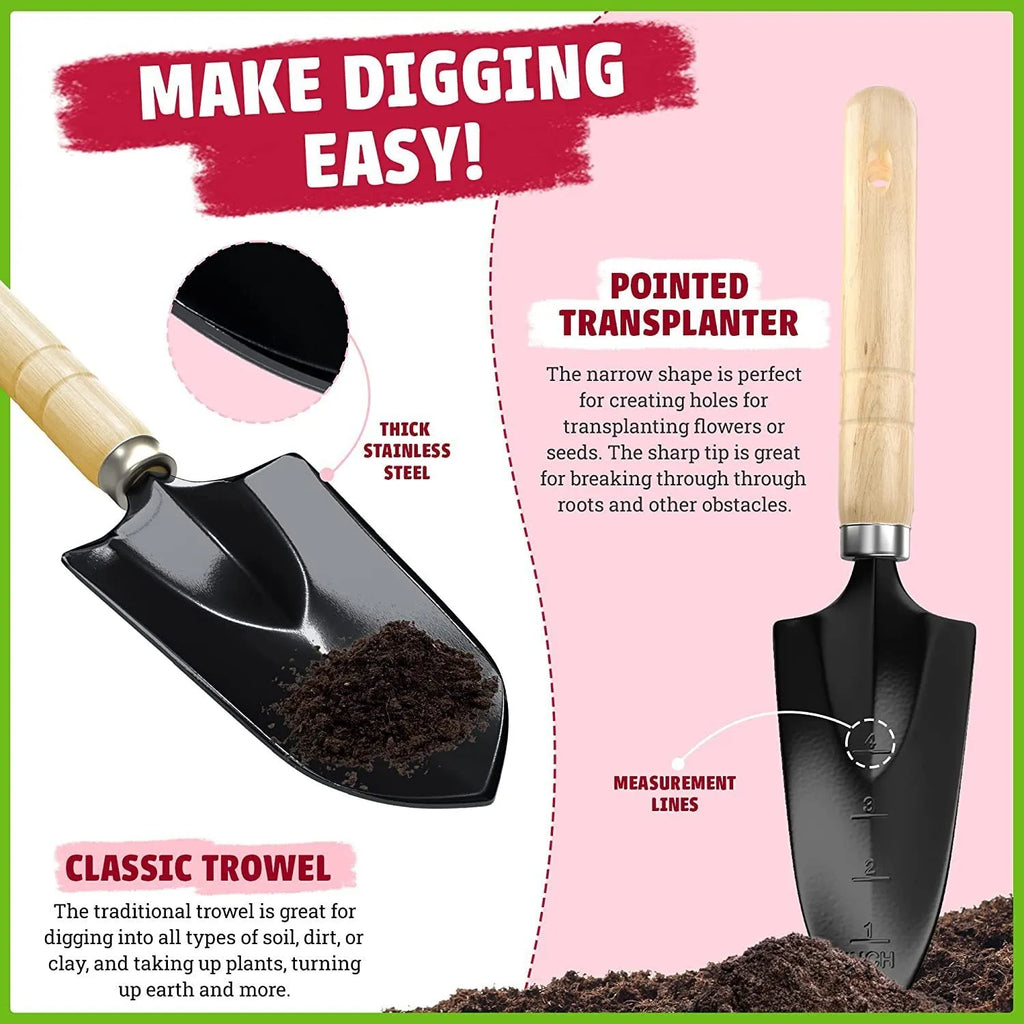 Eight stainless steel gardening tools including trowel, cultivator, and transplanting tools