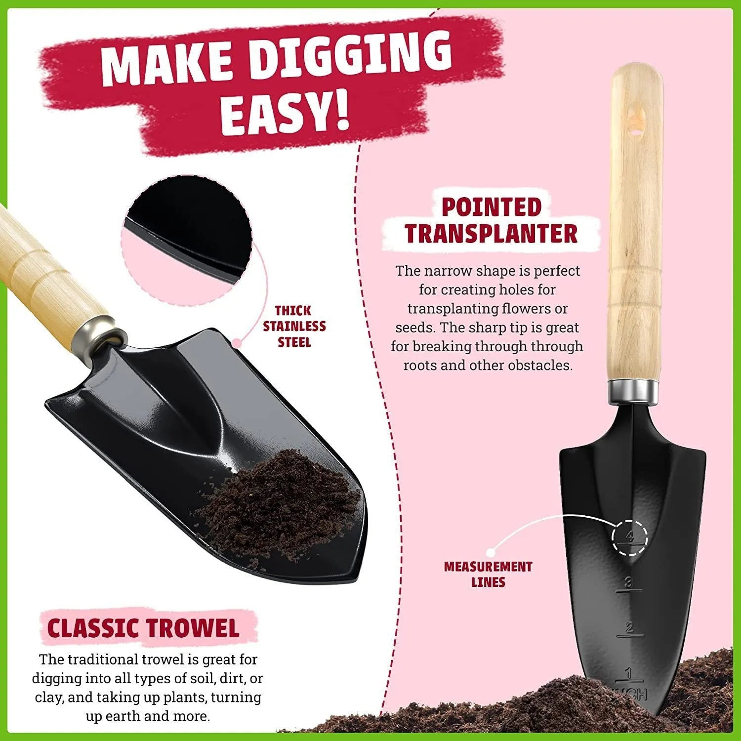 Eight stainless steel gardening tools including trowel, cultivator, and transplanting tools