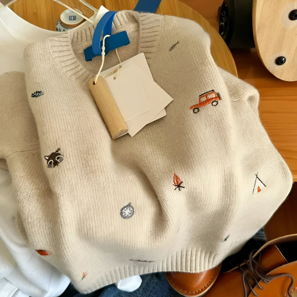 Children's Sweater Cartoon Embroidery Pullover in Khaki, Vinylon Fabric for Neutral Boys and Girls, Long Sleeve Winter Top for Heights 80 to 130 cm, Available in Sizes 80-130 with Traditional Christmas or Animal Motif Design