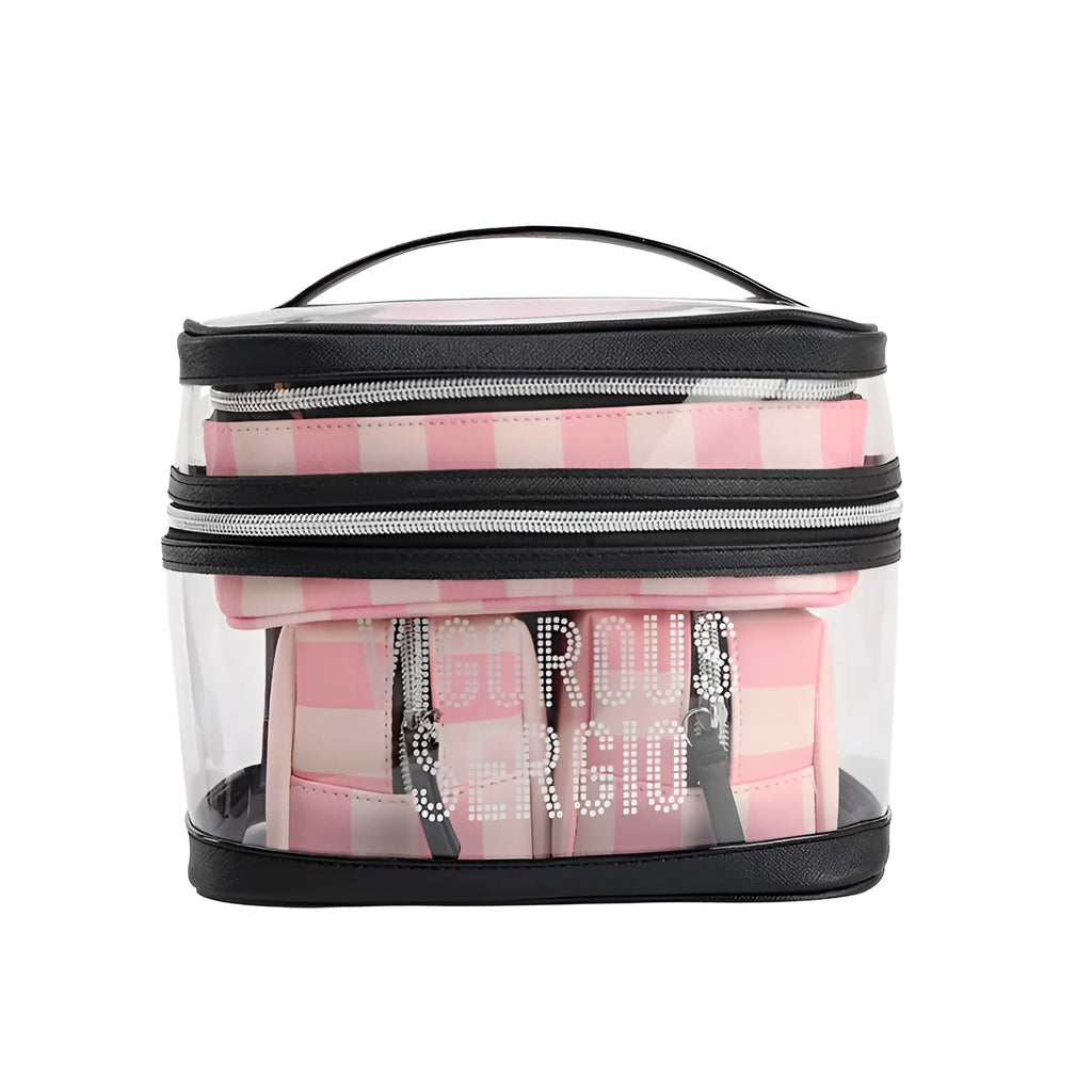 Pink and white bold stripe floral pattern retro-style waterproof synthetic leather makeup buggy bag.